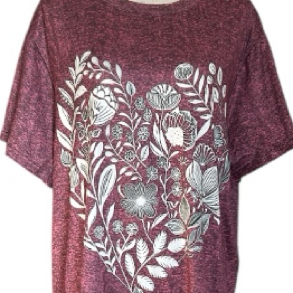 Heather Fuchsia look Top with White Floral Heart Print Crew Neck Short Sleeve 3X - Picture 3 of 9